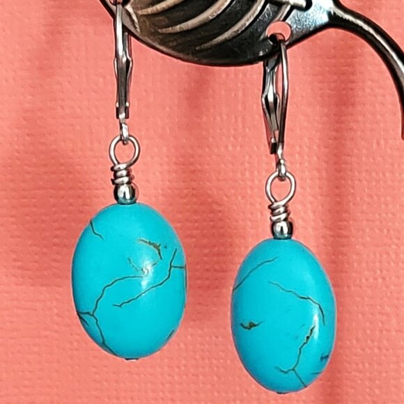 TURQUOISE HOWLITE Stainless Steel Gemstone Chain Necklace 18" Earrings SET - Picture 9 of 9